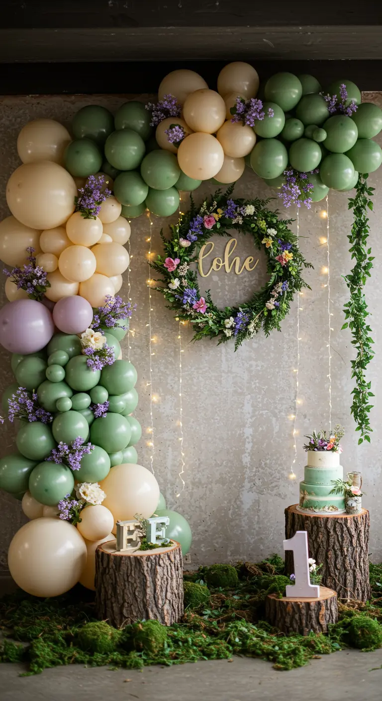 A sage green balloon arch with a floral wreath, set against a wall with fairy lights and wood stumps.