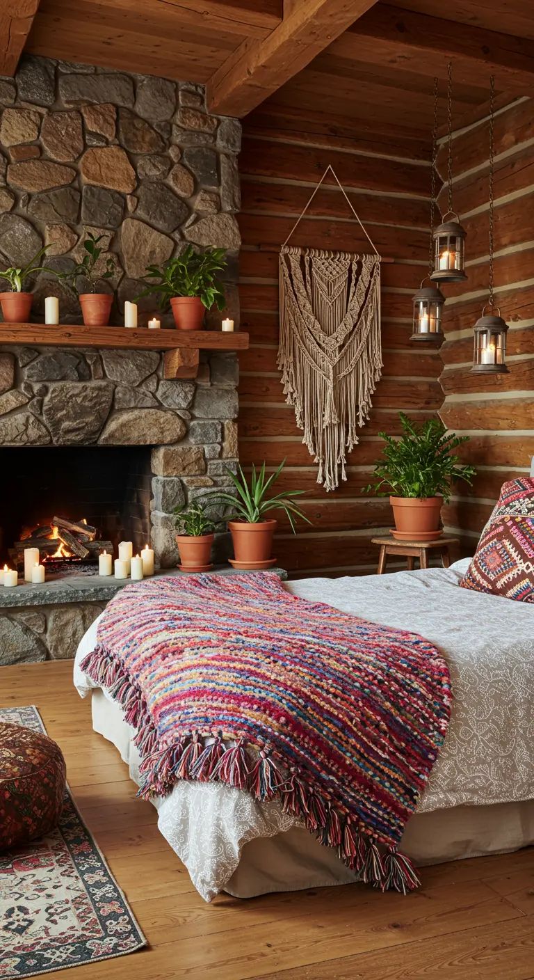 Log cabin bedroom decorated with a macrame wall hanging, potted plants, and colorful textiles.