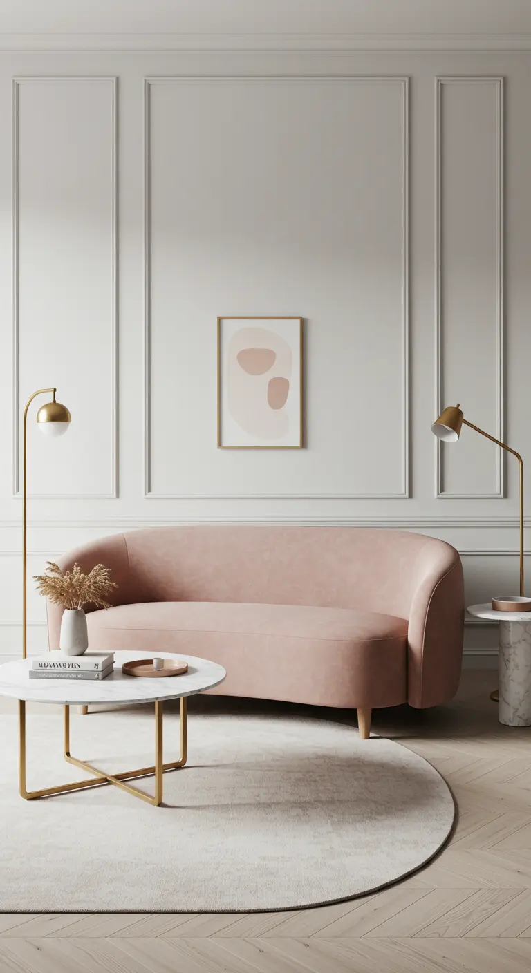 A curved, dusty pink sofa sits on a round rug in a room with white panelled walls.