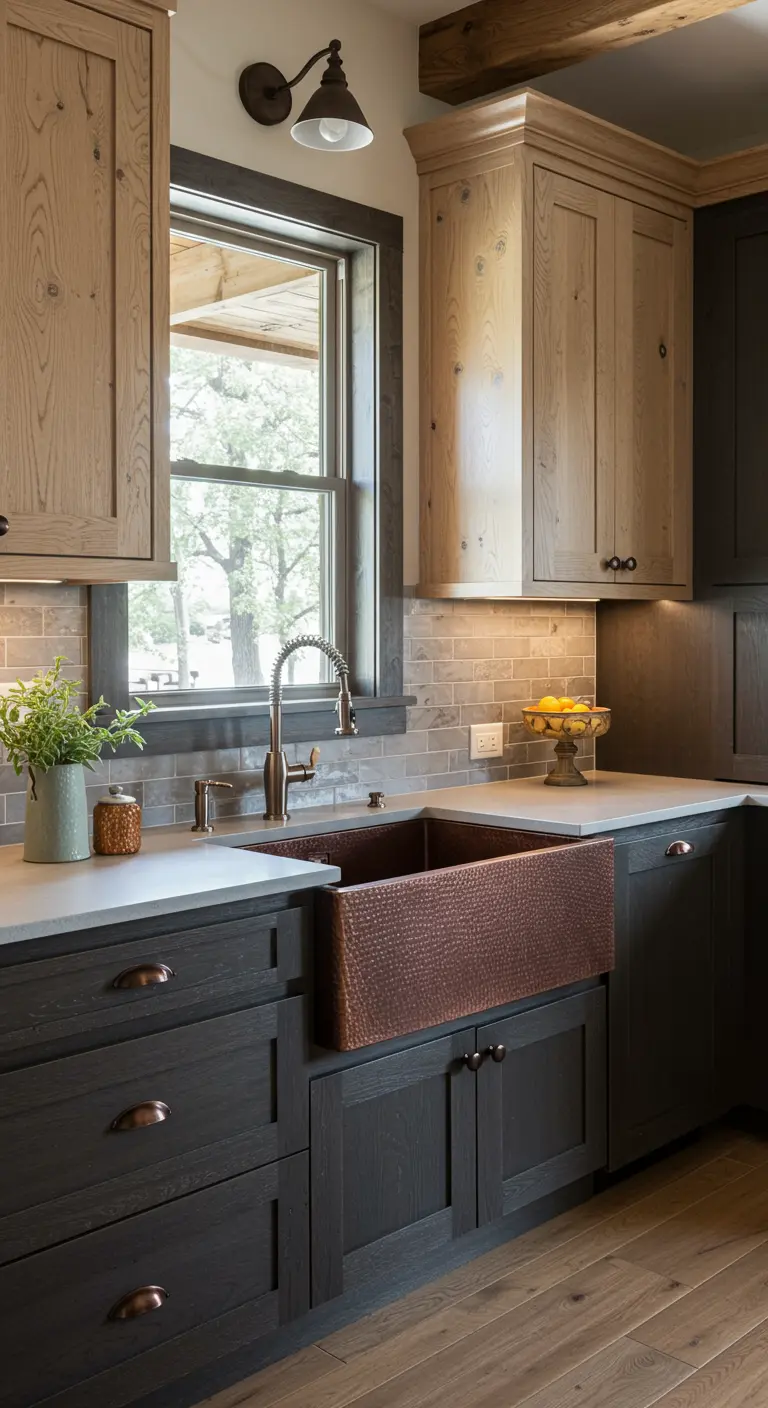 Rustic kitchen with dark cabinets, light countertops, and a hammered copper farmhouse sink.