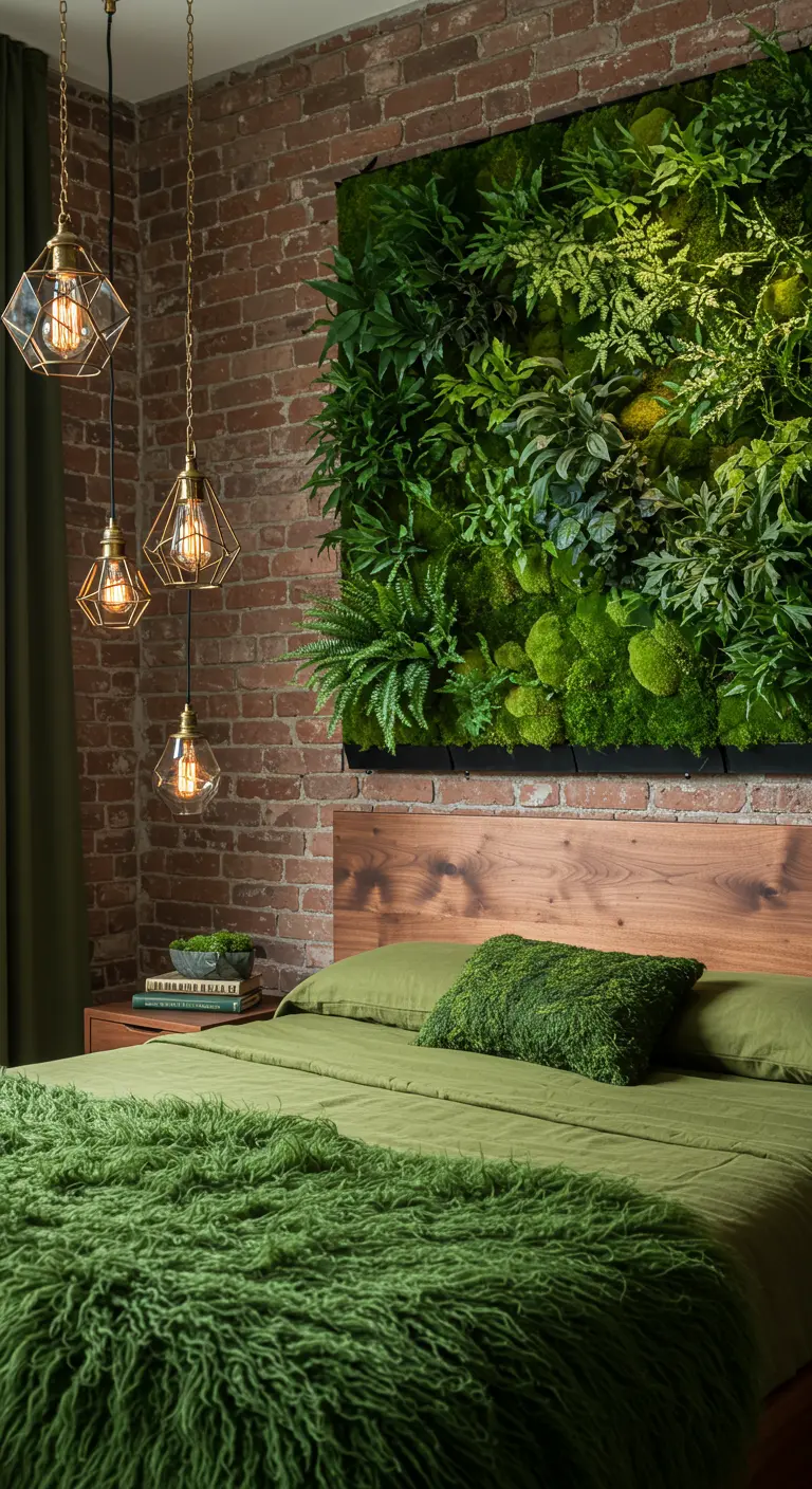 Bedroom with a brick wall featuring a large living wall of green plants above the bed.
