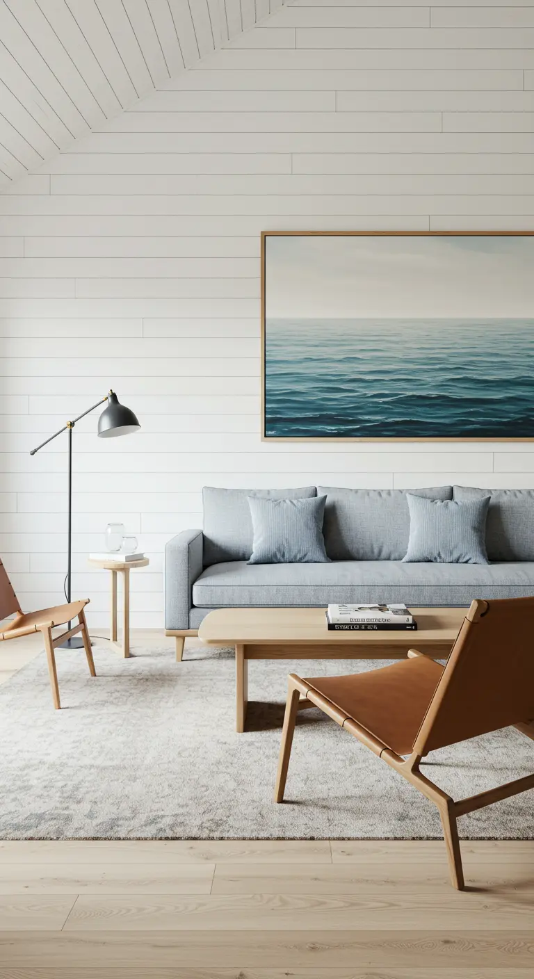 Modern living room with a gray sofa, leather sling chairs, and a large abstract ocean painting.