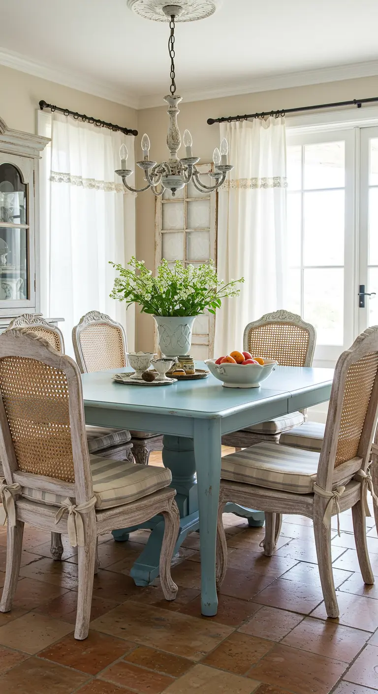 French country dining room with a pale blue table and distressed cane-back chairs.