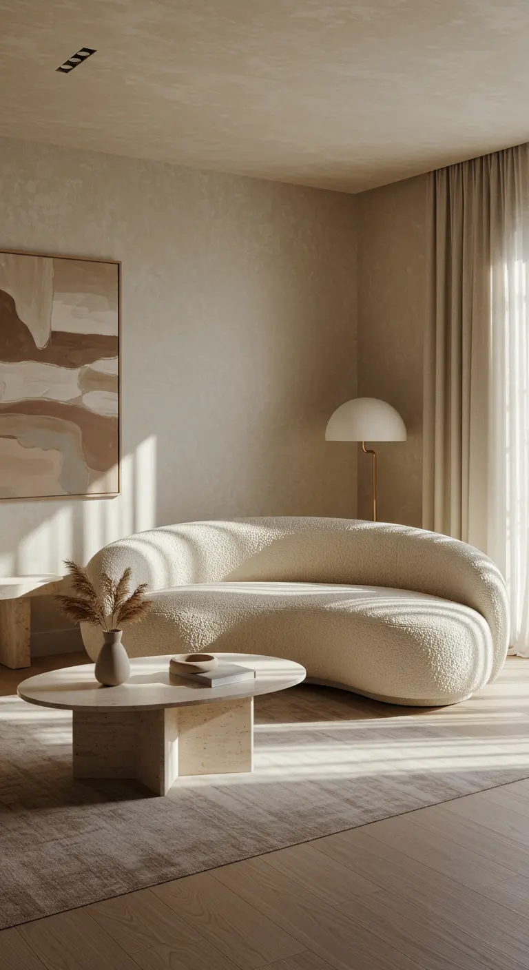 A sunlit living room with a curved white bouclé sofa and travertine coffee table.