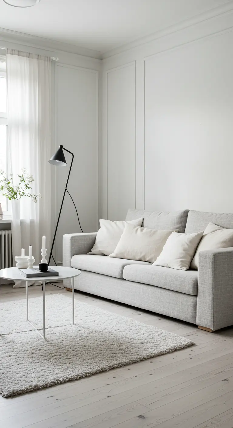 Scandinavian living room with a gray sofa, white walls, and a slim black floor lamp.