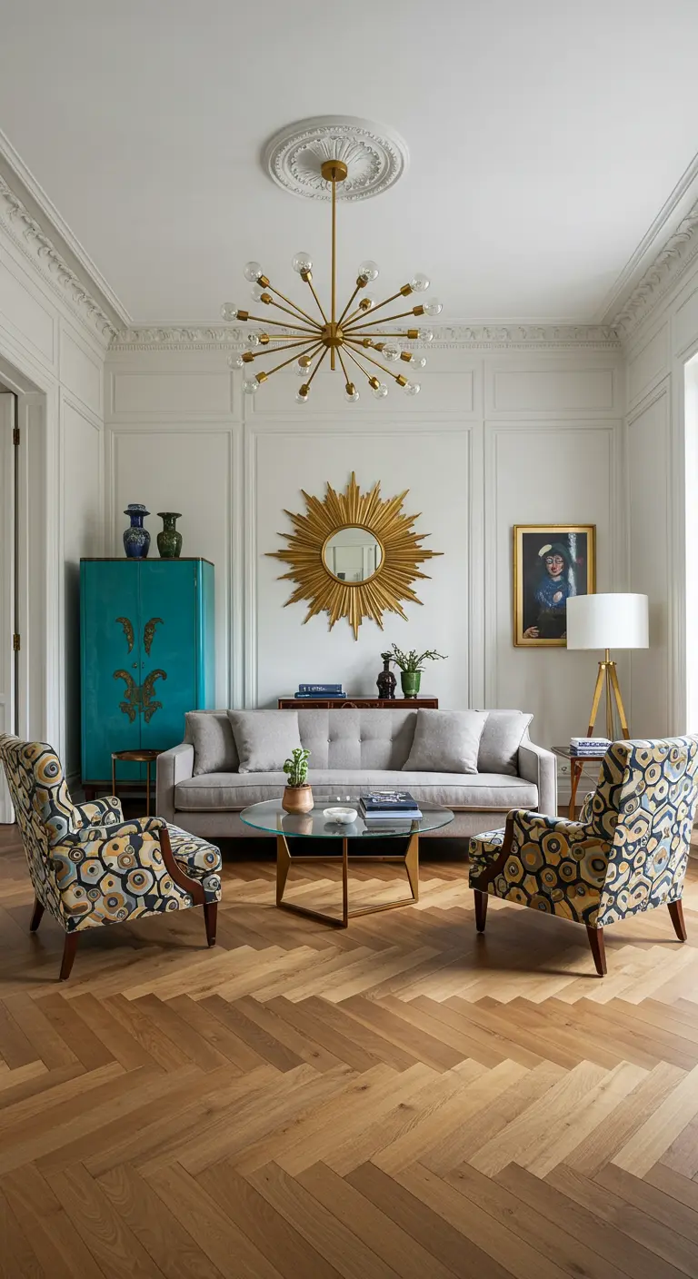 Living room with herringbone floors, a teal lacquer cabinet, and patterned armchairs.