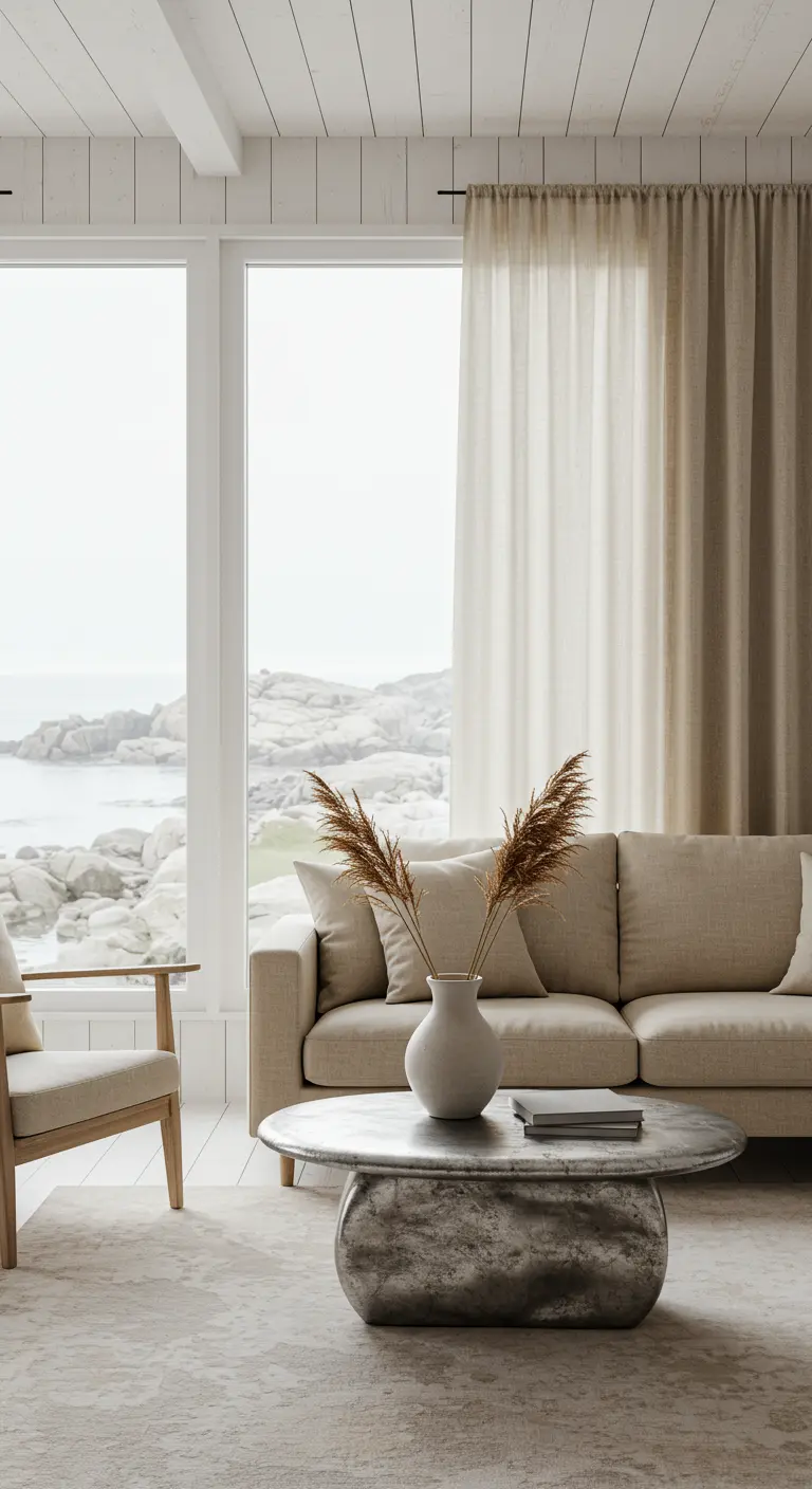 Neutral coastal living room with a metallic coffee table and pampas grass.