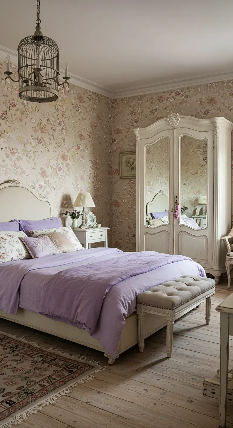 Shabby-chic bedroom with lavender bedding, floral wallpaper, and a large mirrored armoire.