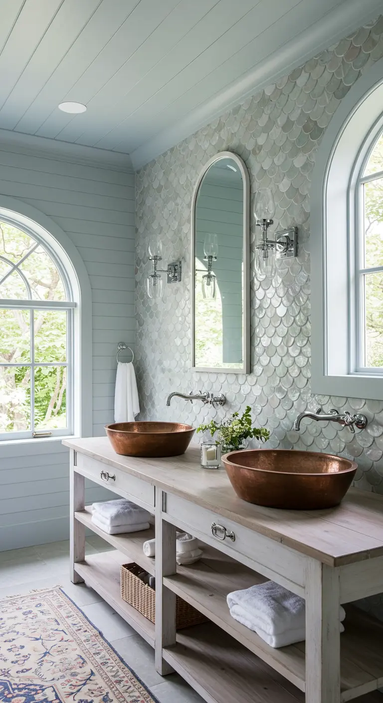 Coastal farmhouse bathroom with scallop tile, copper sinks, and arched windows.
