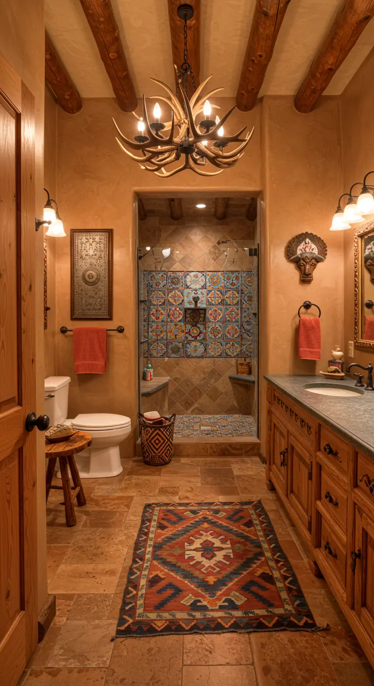Rustic bathroom with a shower featuring a vibrant, colorful Southwestern tile pattern.