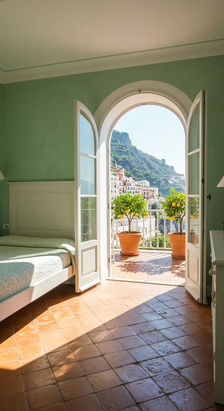 Bedroom with mint green walls, white furniture, and an arched doorway to a coastal balcony.