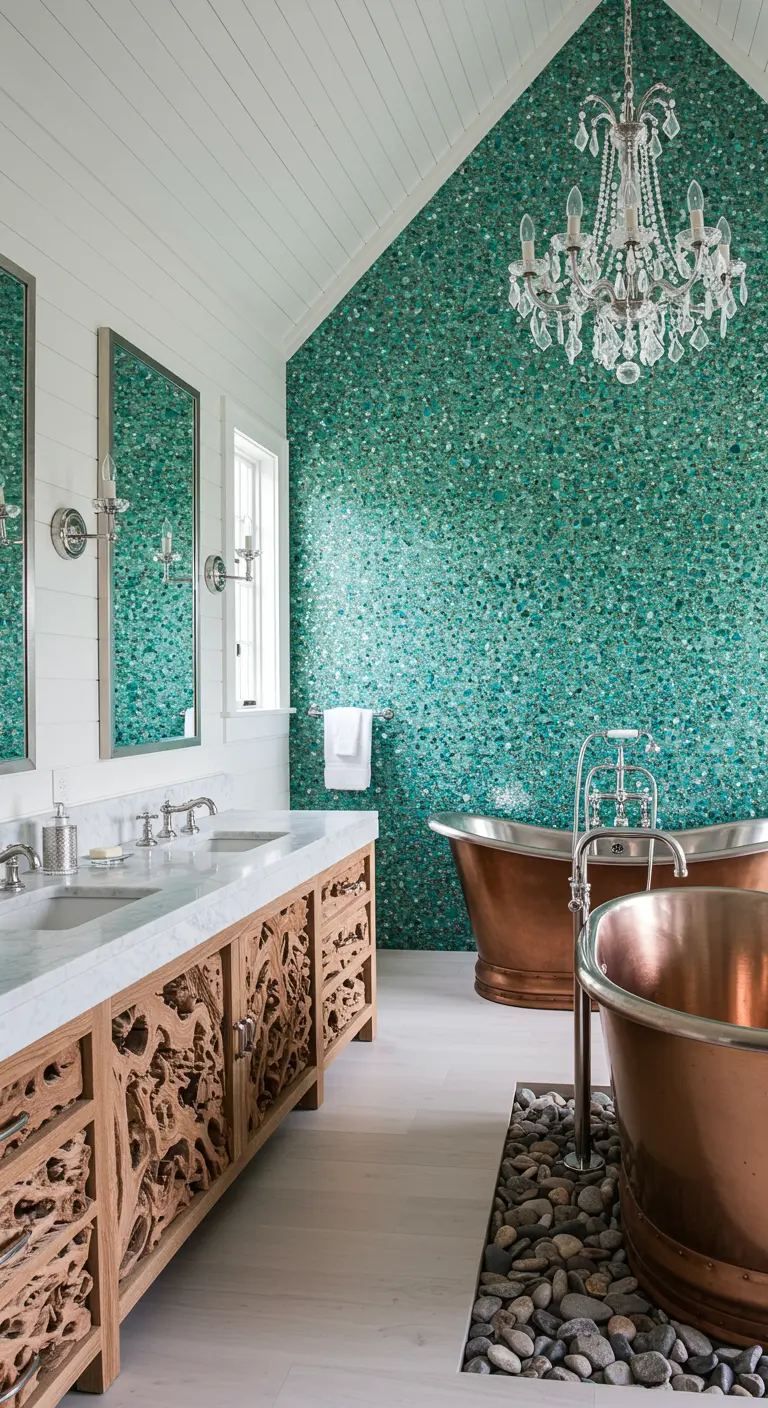 Luxury bathroom with sea-glass mosaic wall, copper tubs, and a crystal chandelier.