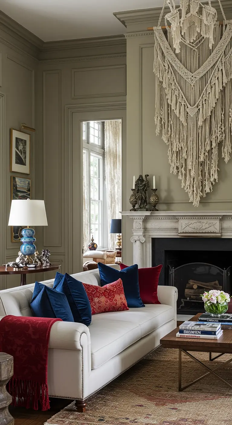 Traditional living room with a large macramé chandelier hanging from the ceiling.