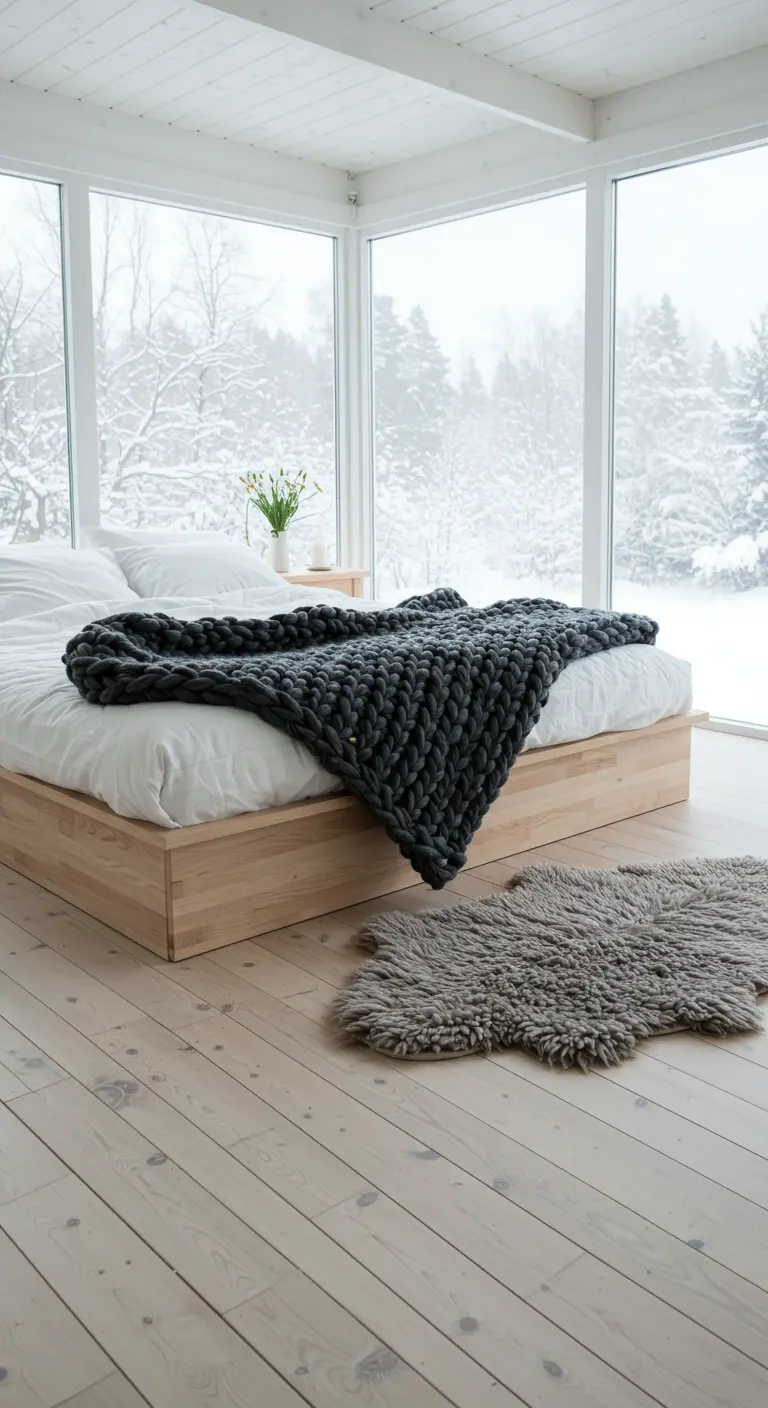 A bed with a large, chunky grey knit blanket in a bright, wintery room with glass walls.
