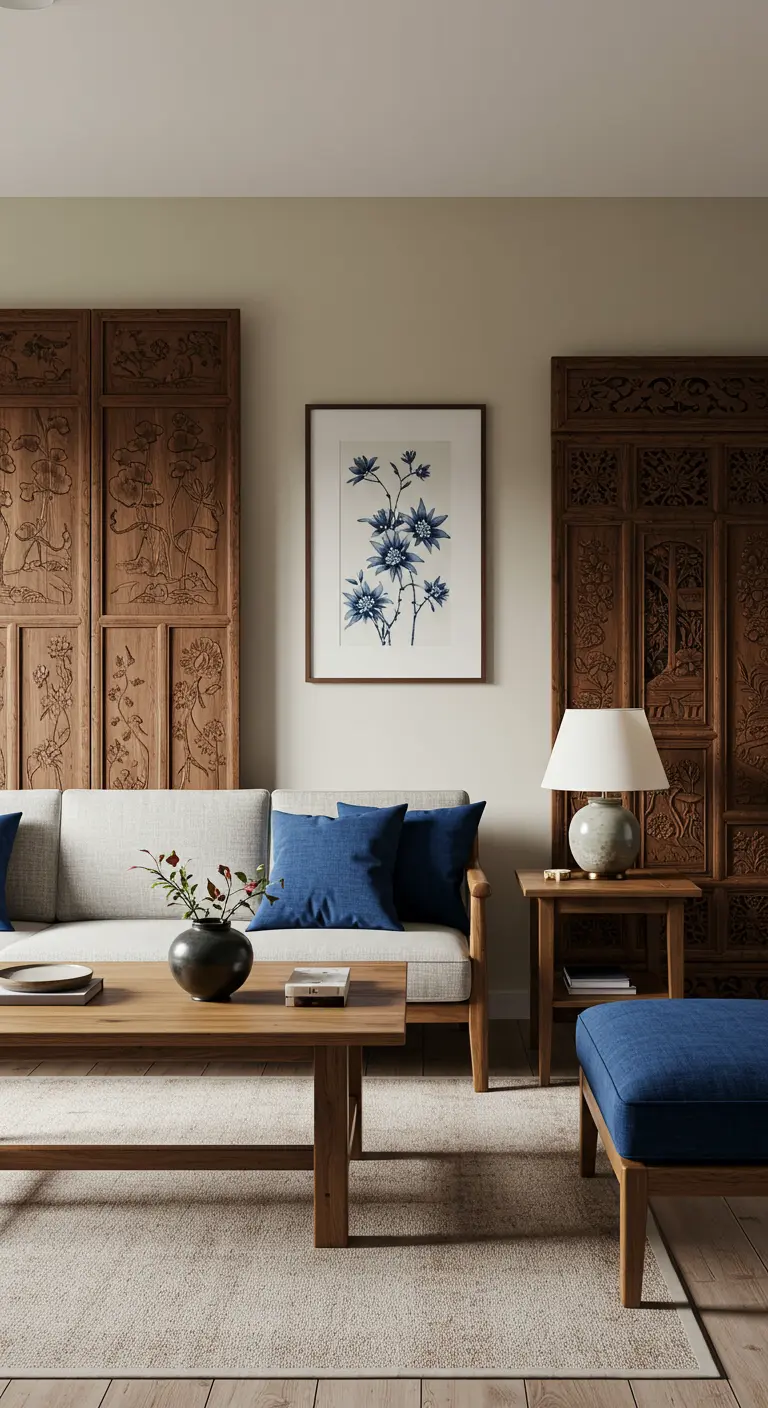 Japandi living room with carved dark wood screens and blue accent pillows on the sofa.