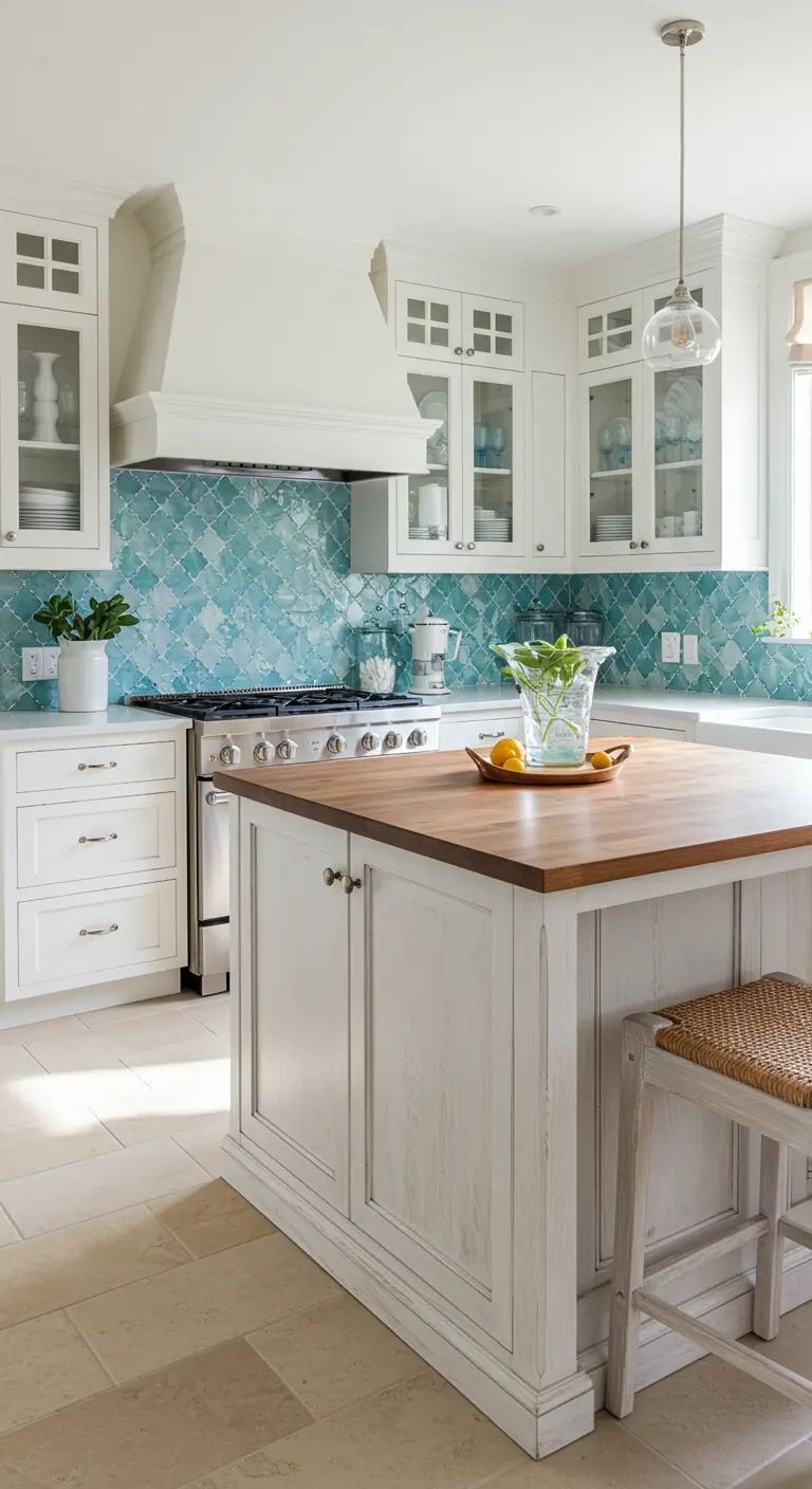 Coastal kitchen with white cabinets, a turquoise tile backsplash, and a wood-topped island.