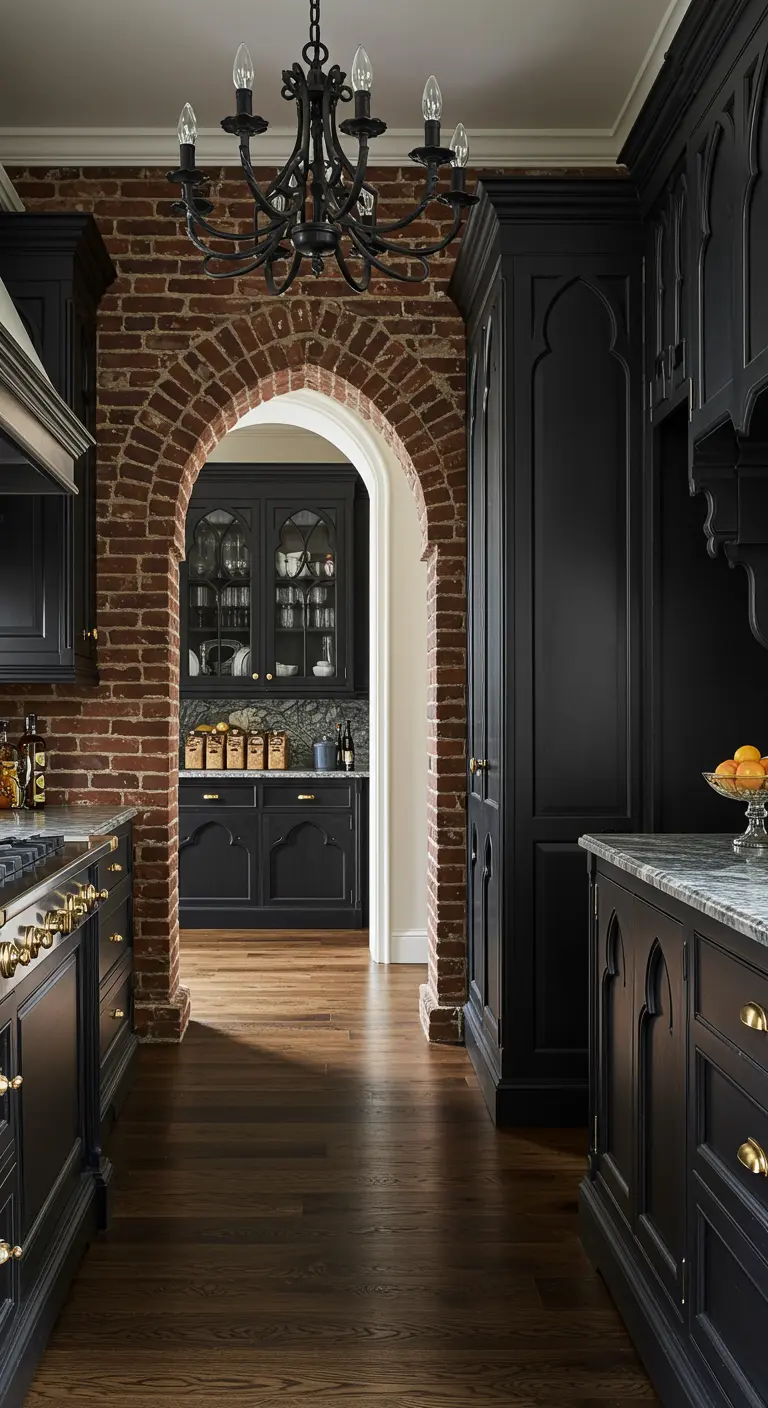 Kitchen with a dramatic brick archway leading into a butler's pantry with black cabinets.