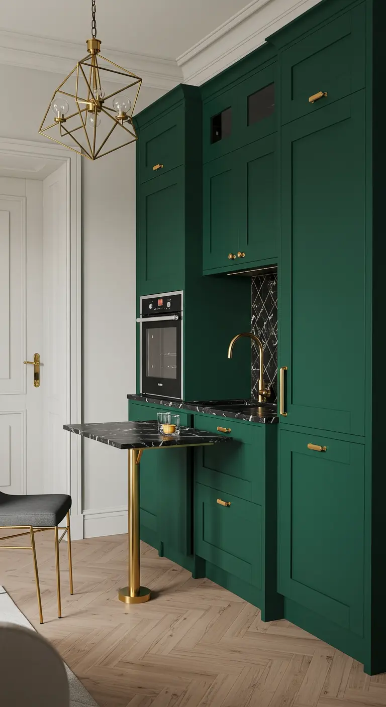 Luxe kitchen with emerald green cabinets and a fold-down marble table with a brass leg.