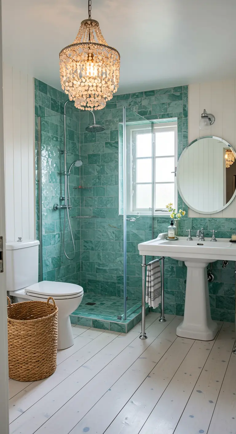 Small bathroom with aqua tile shower, pedestal sink, and crystal chandelier.