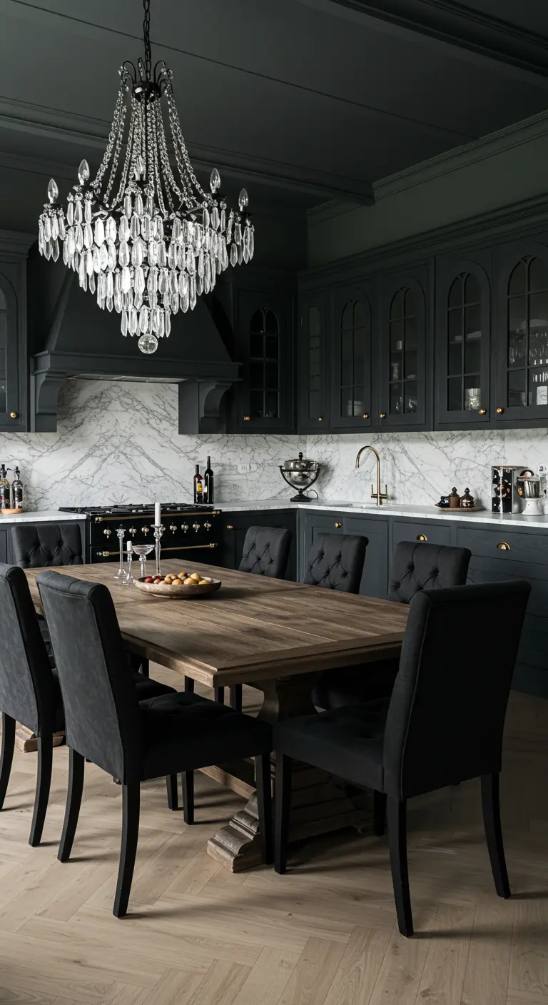 Black Gothic kitchen with a large crystal chandelier over a wooden dining table.