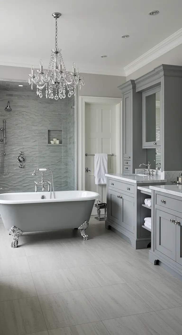 Elegant grey bathroom with a crystal chandelier over a grey clawfoot tub.