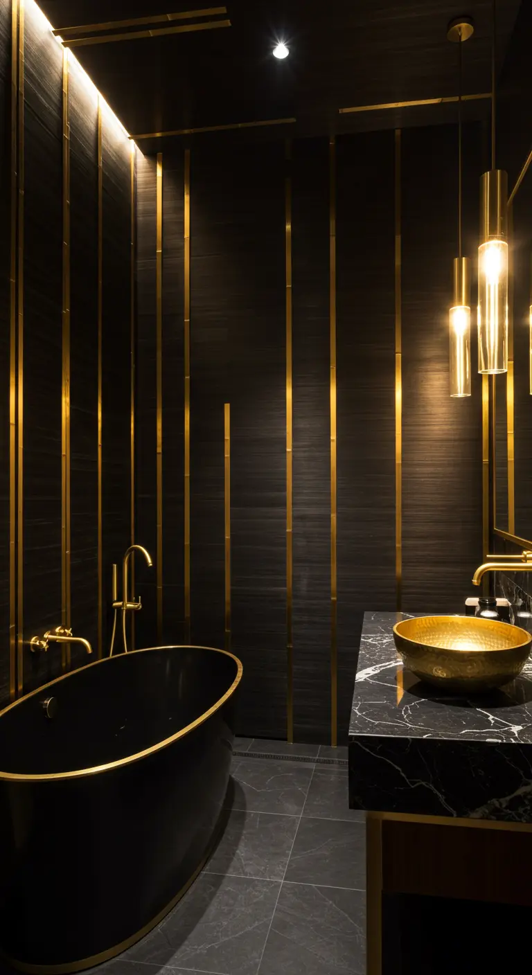 Dark bathroom with black walls accented by vertical gold strips, a black tub, and gold fixtures.