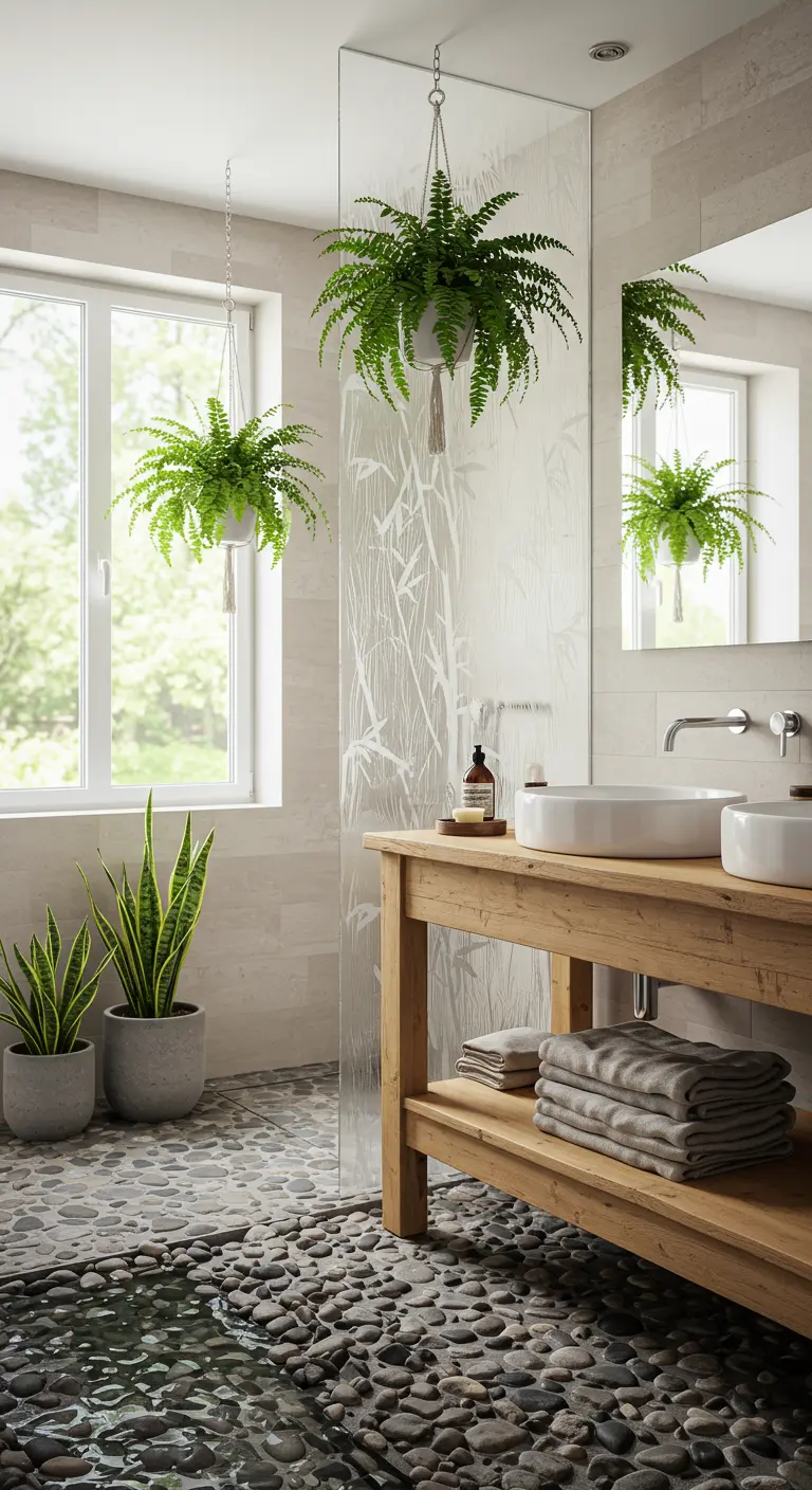 Nature-inspired bathroom with pebble floor, wood vanity, and hanging plants.