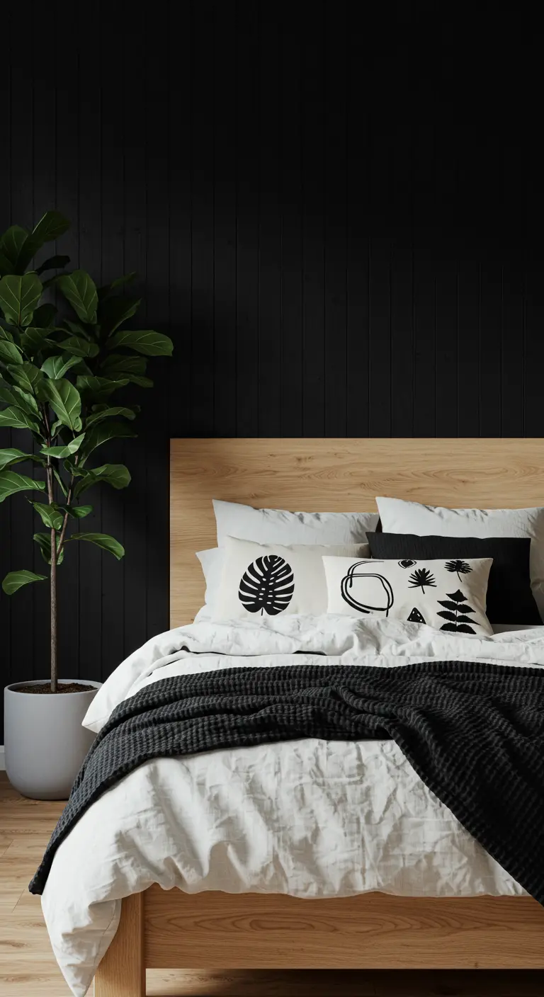 Bedroom with a black shiplap wall, a light wood bed, and a tall fiddle-leaf fig plant.