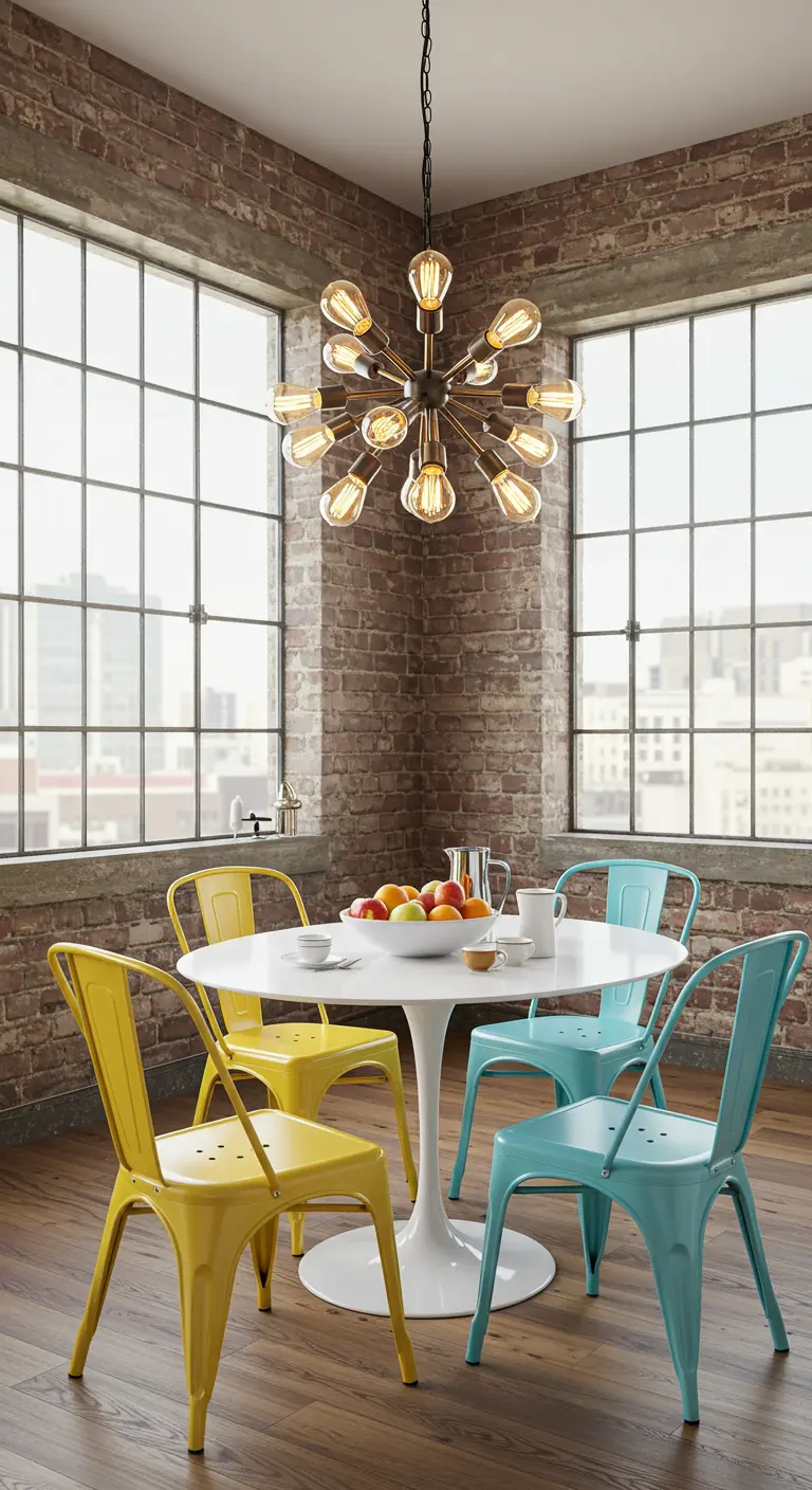 Dining area with a white tulip table and colorful yellow and blue metal chairs.