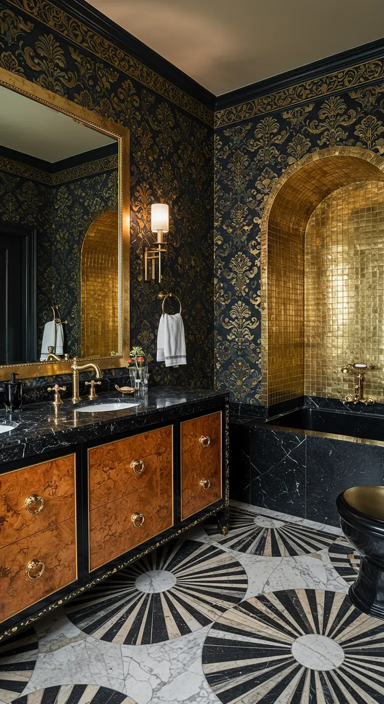 Lavish Art Deco bathroom with damask wallpaper, a burl wood vanity, and a gold mosaic tub niche.