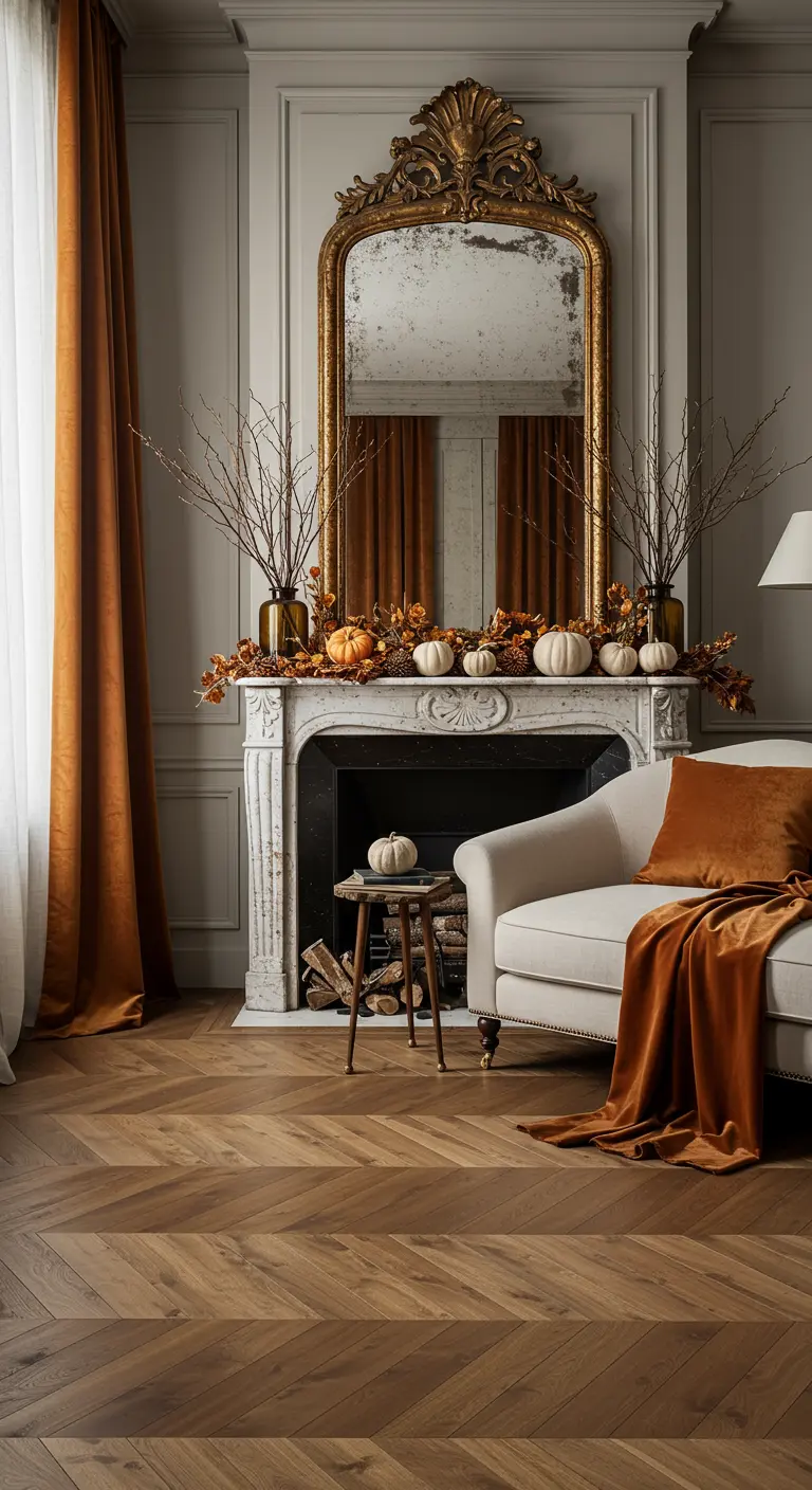 Living room with a fireplace decorated for fall, featuring rust-colored velvet curtains.