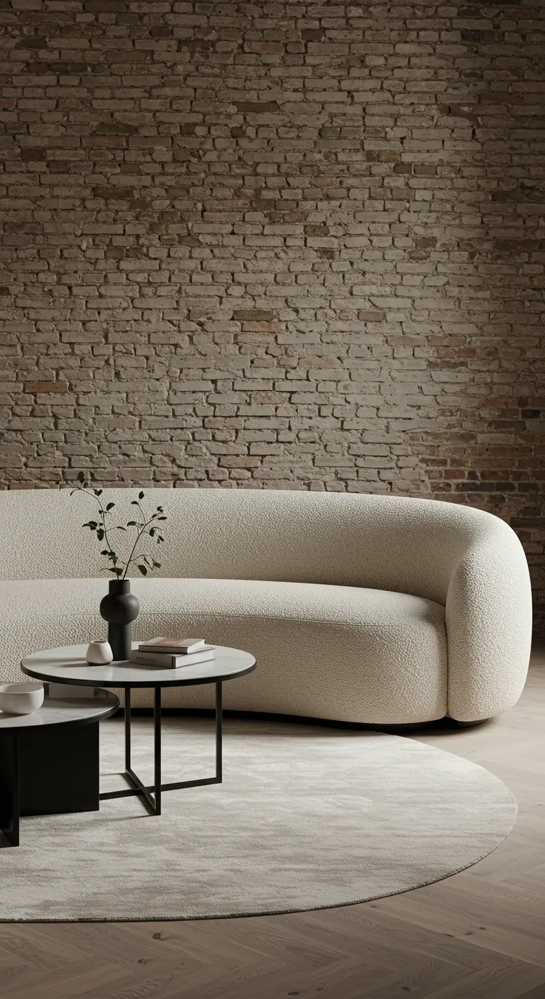A cream-colored curved bouclé sofa placed in front of a warm-toned exposed brick wall.