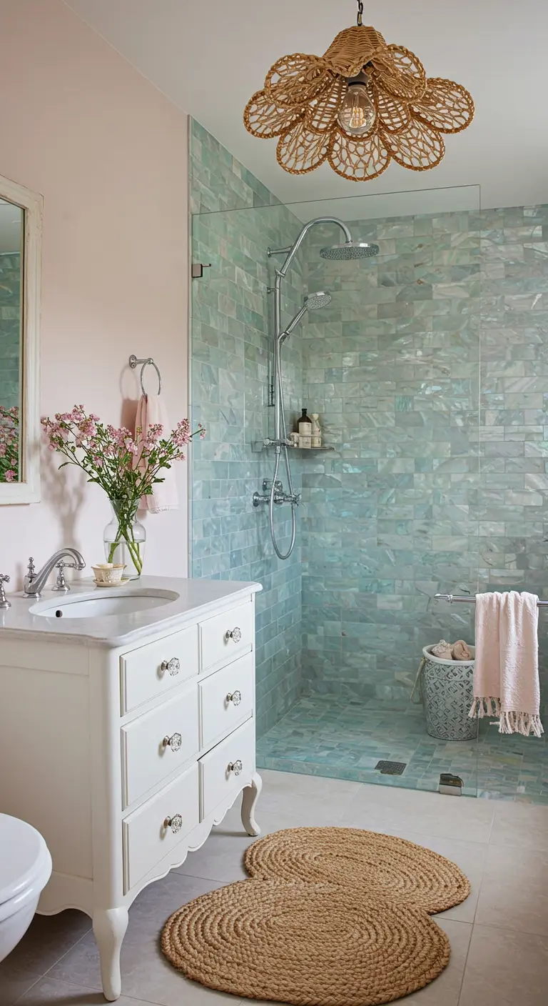 Feminine bathroom with shimmering pearlescent shower tile and pink walls.