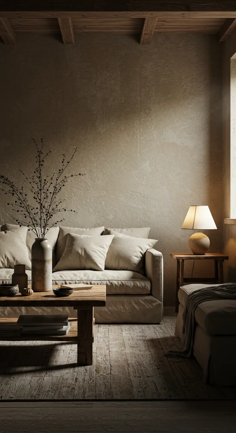 Living room with textured beige plaster walls and a comfortable, deep-cushioned linen sofa.