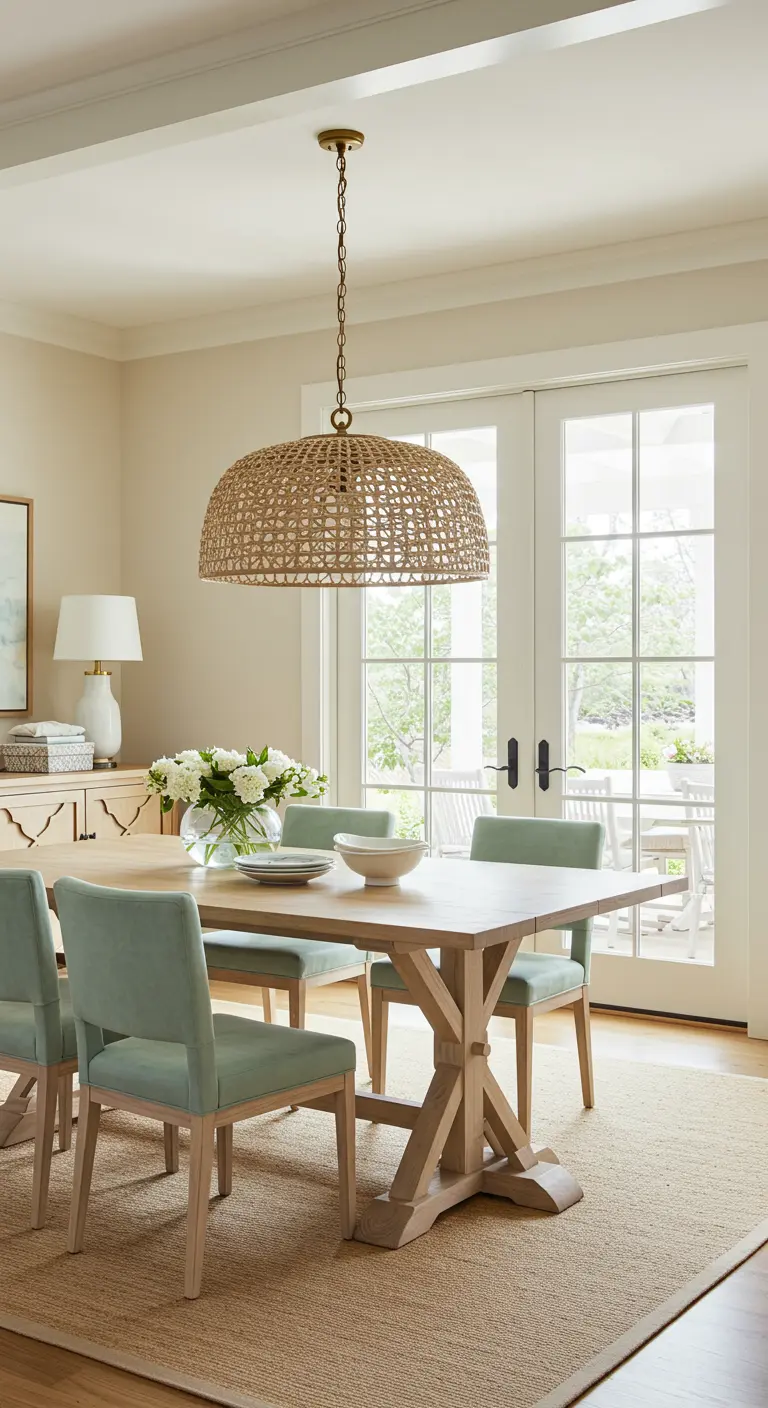 Dining room with sage green velvet chairs and a large woven pendant light.