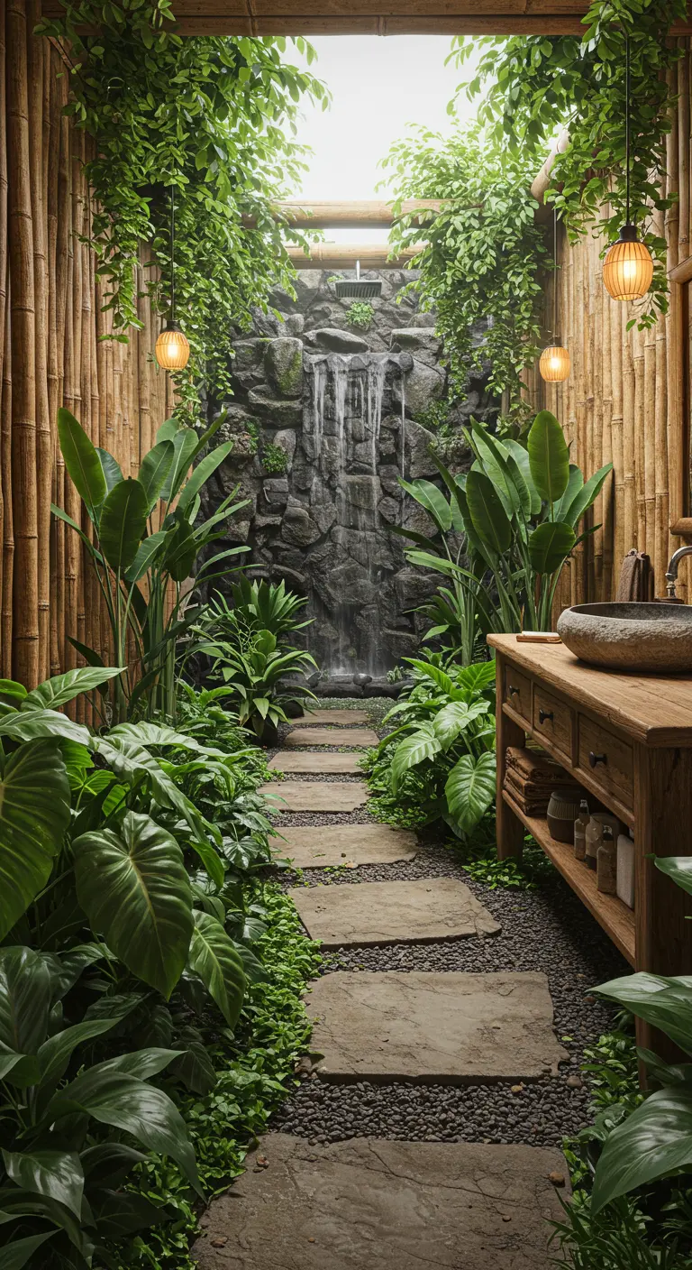 A lush bathroom filled with tropical plants and a stone waterfall feature at the back.