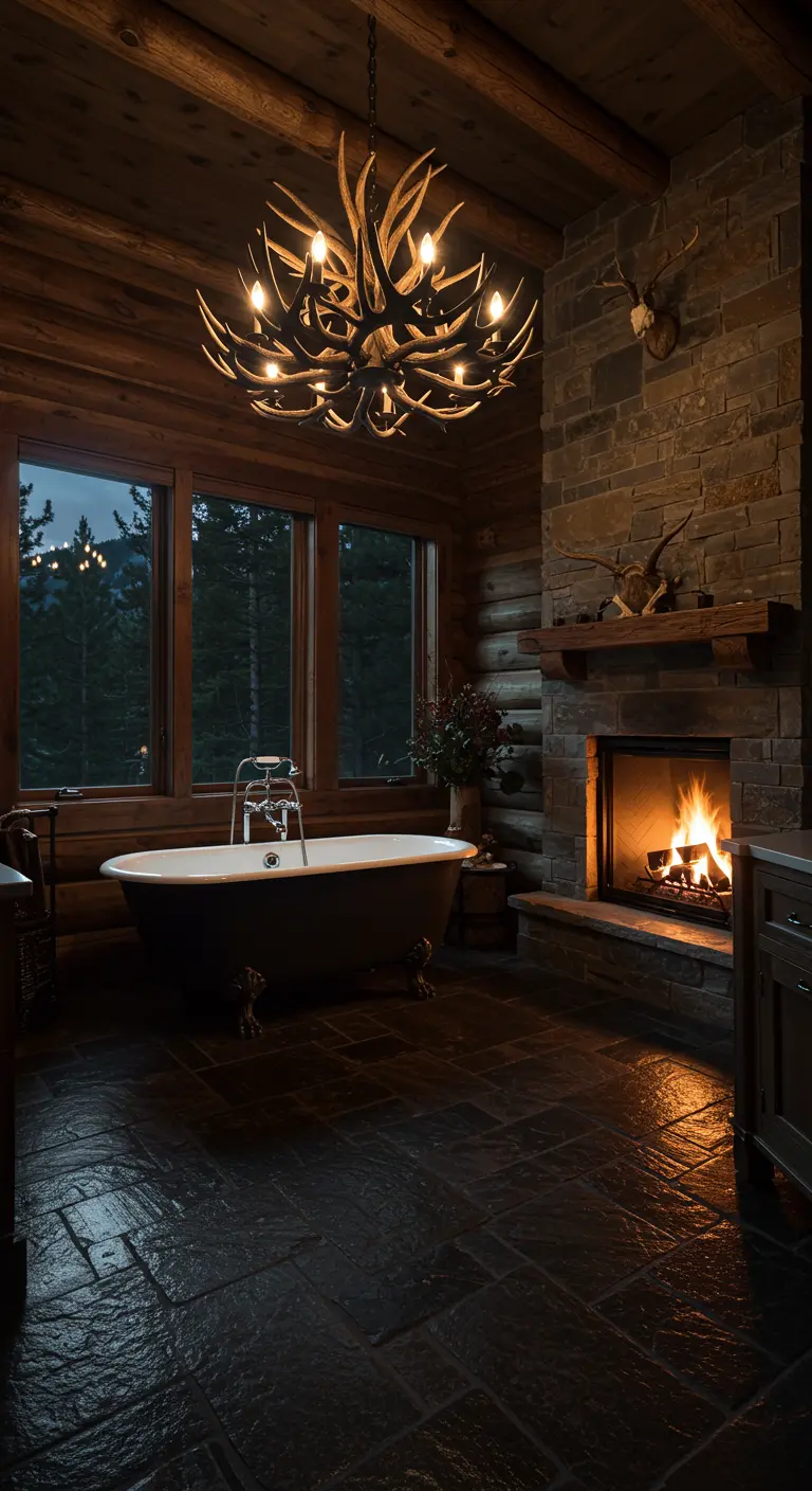 Rustic log cabin bathroom featuring a clawfoot tub next to a lit stone fireplace.