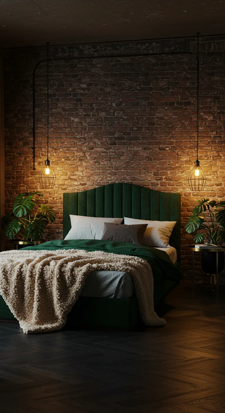 Bedroom with a red brick wall, an emerald green velvet headboard, and lush green plants.