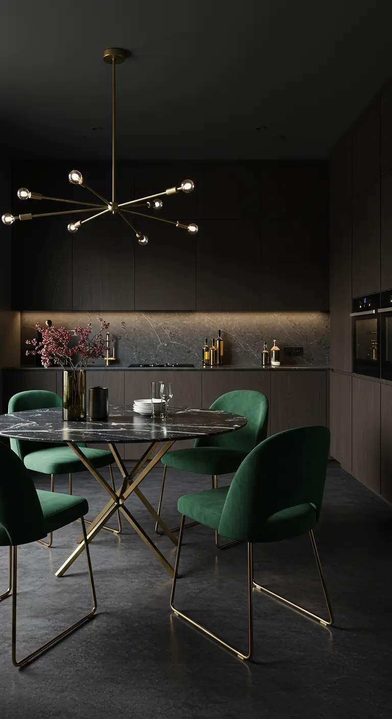 Moody dining nook with green velvet chairs, a marble table, and a brass sputnik chandelier.