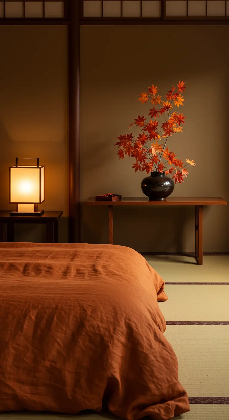 Bedroom with a terracotta-colored duvet, a lantern lamp, and a vase of autumn maple leaves.