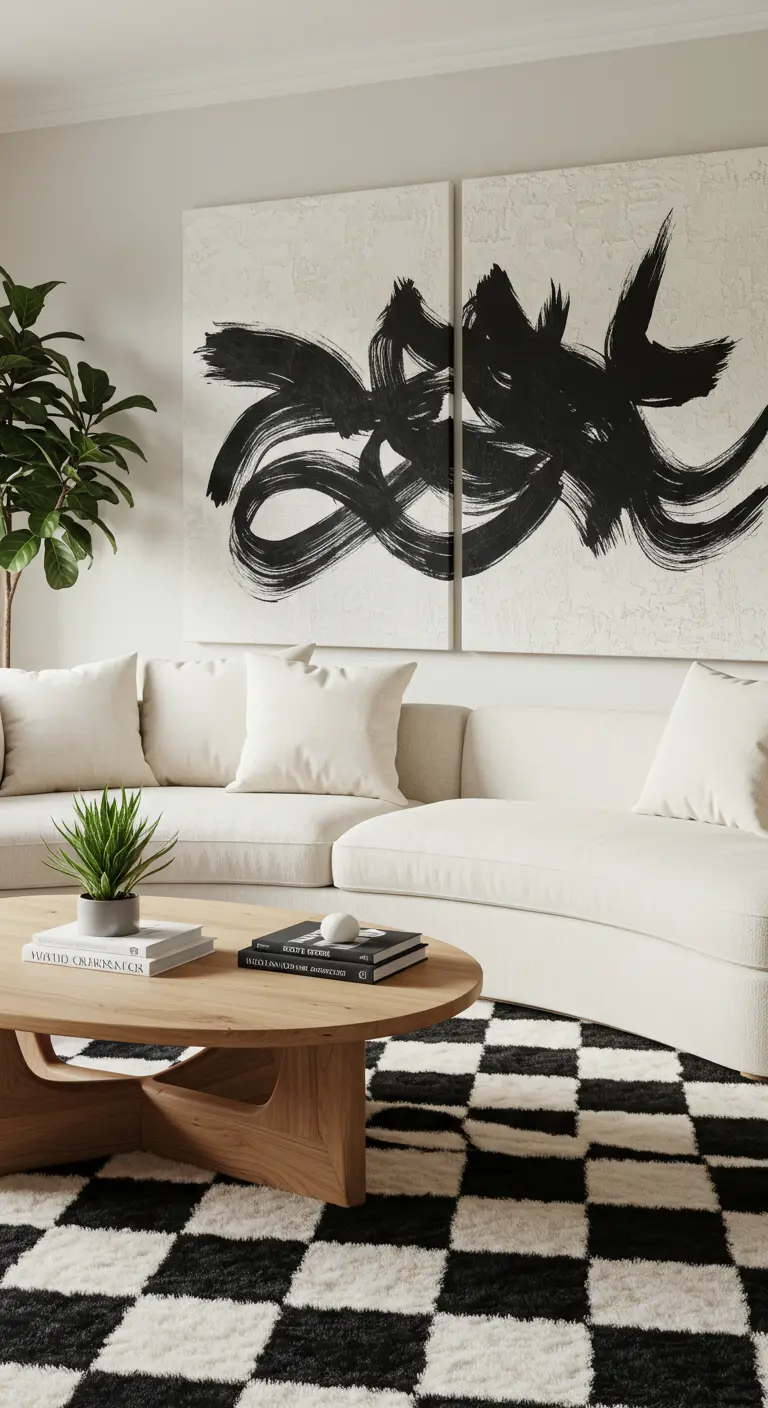 A soft, modern living room with a plush checkerboard rug and a natural wood coffee table.