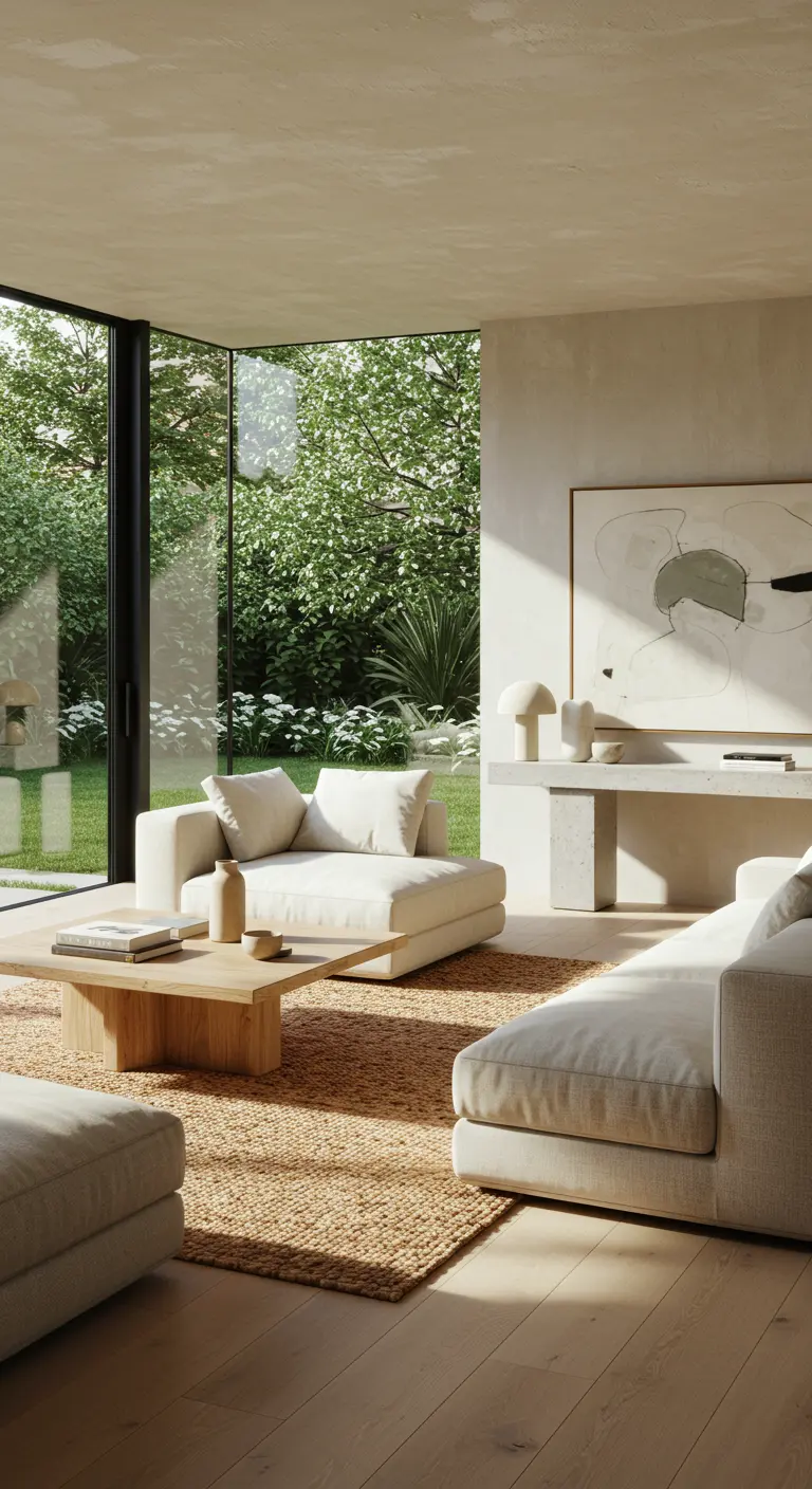 Sunlit living room with cream sofas, a jute rug, and a concrete console table near a garden window.