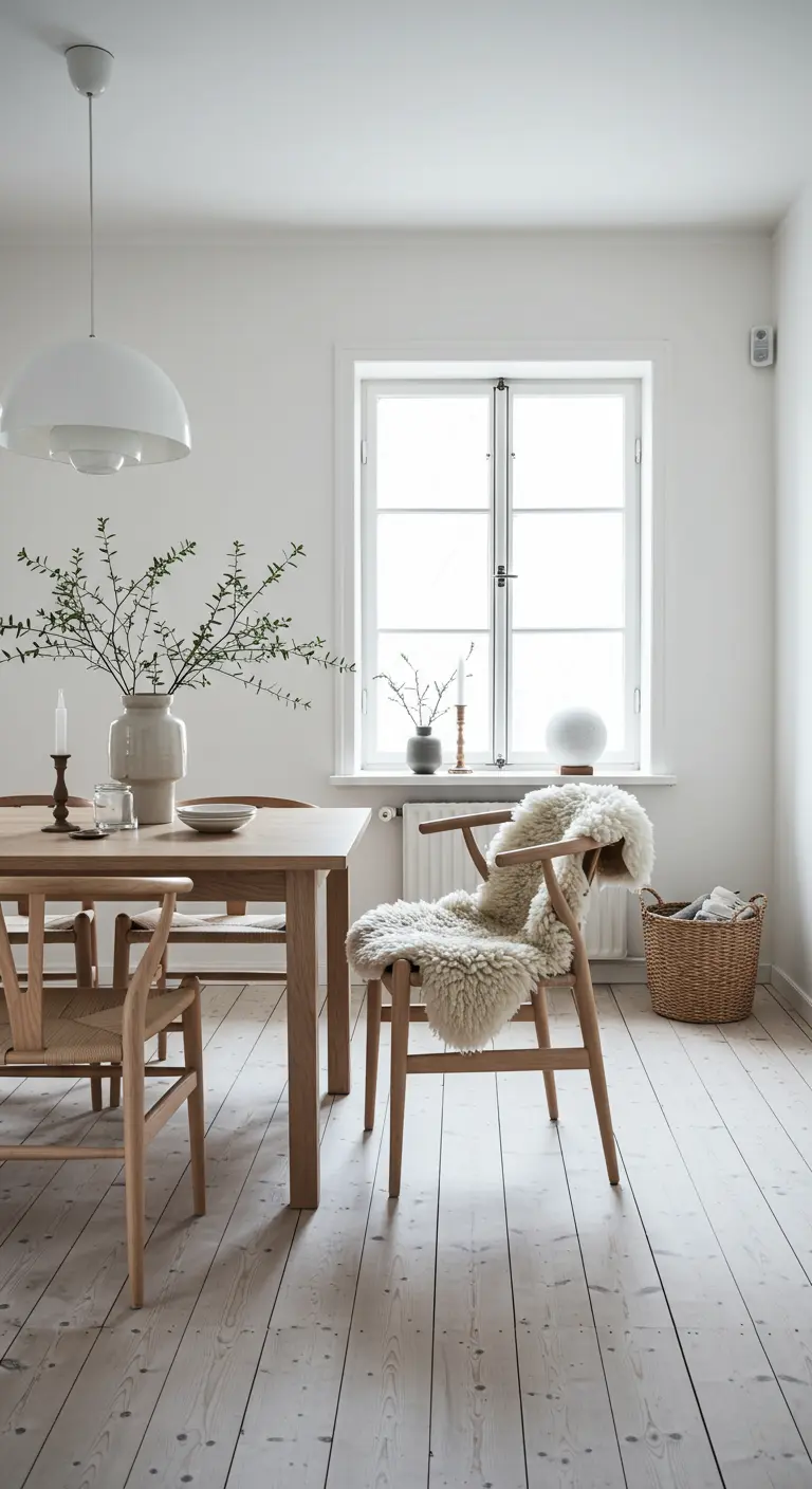 An all-white dining room with a sheepskin throw draped over a wooden chair.