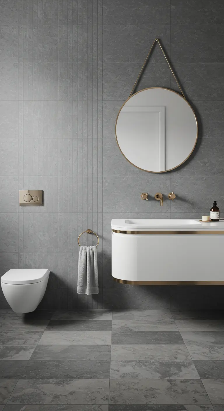 Grey tiled bathroom with a floating white vanity and brushed gold fixtures.