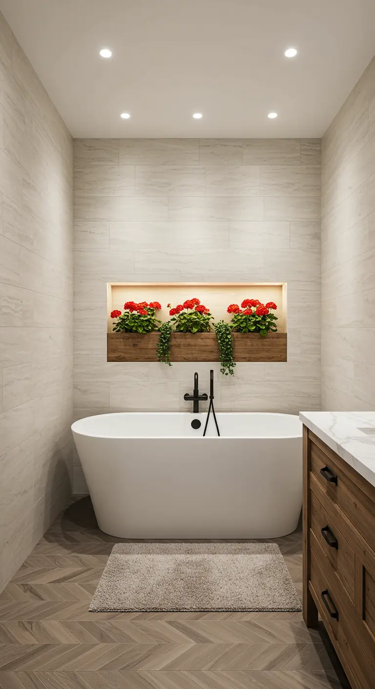 Bathroom with a freestanding tub and a wood-lined planter niche with red geraniums.