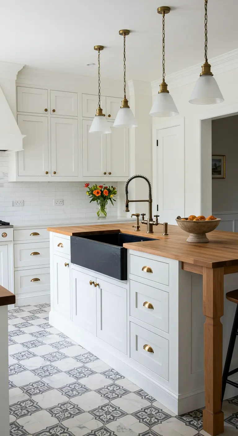 White kitchen with a wood-topped island and a black farmhouse sink.