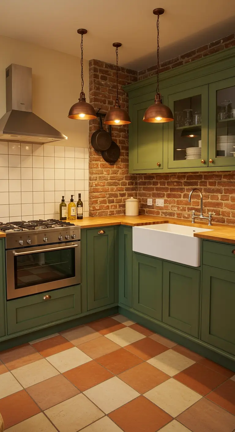 Country-style kitchen with green cabinets, a terracotta checkerboard floor, and copper pendant lights.