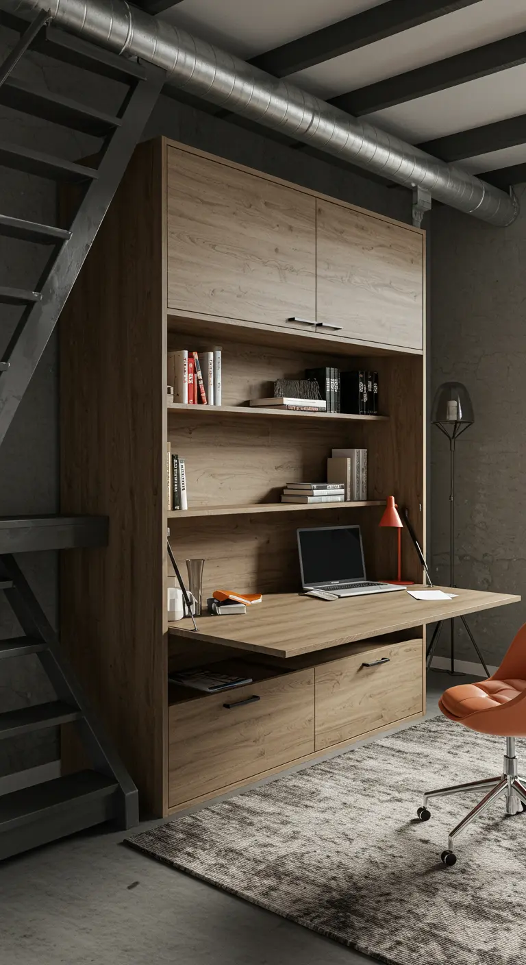 A large wooden wall unit in a loft that functions as a desk and bookshelf, with a Murphy bed inside.