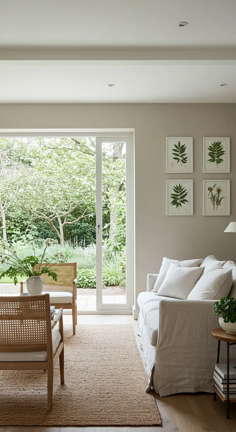 Airy living room with a linen sofa, rattan chairs, and a view of a lush garden.
