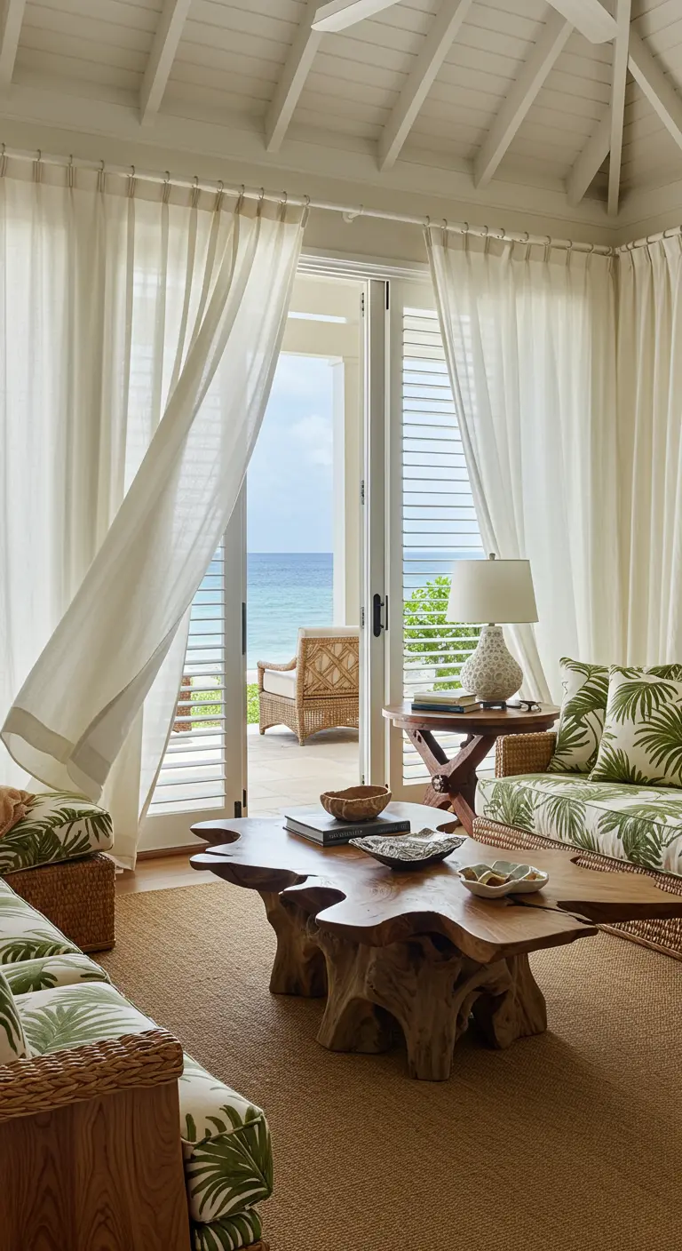 Breezy room with palm-print chairs, a live-edge coffee table, and billowing white curtains.